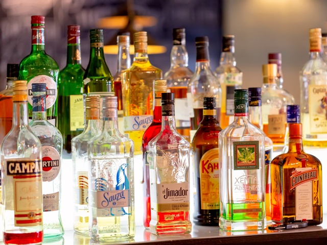 Moscow, Russia - April, 2019: Various alcohol bottles in a bar or restaurant.